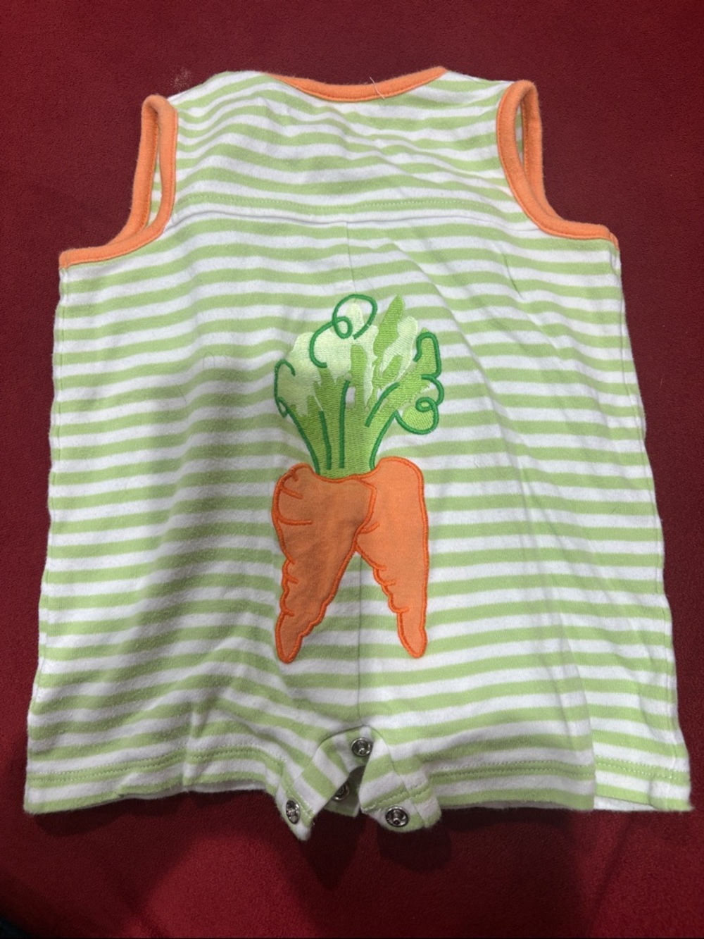 Hartstrings Green and White Striped Baby One-Piece with Orange Carrot Applique